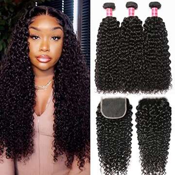 Nadula 8A Unprocessed Brazilian Curly Virgin Human Hair with Free Part Lace Closure Pack of 4 Remy Human Hair Natural Color (10 12 14+10closure)