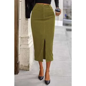 PRETTYGARDEN Women's Fall Midi Pencil Skirts Dressy Casual Work Office High Waisted Trendy Winter Corduroy Skirt with Slit (Green,6)