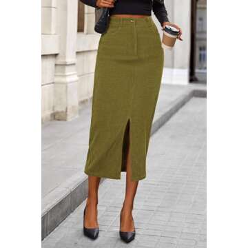 PRETTYGARDEN Women's Fall Midi Pencil Skirts Dressy Casual Work Office High Waisted Trendy Winter Corduroy Skirt with Slit (Green,6)