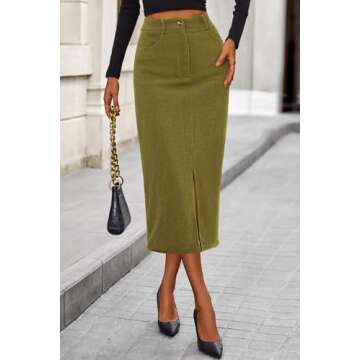 PRETTYGARDEN Women's Fall Midi Pencil Skirts Dressy Casual Work Office High Waisted Trendy Winter Corduroy Skirt with Slit (Green,6)
