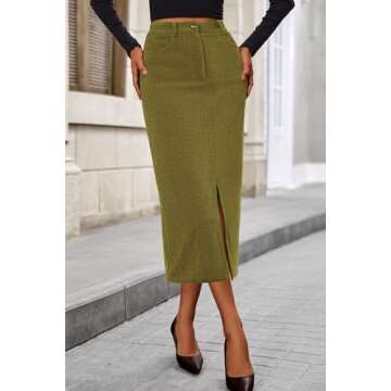 PRETTYGARDEN Women's Fall Midi Pencil Skirts Dressy Casual Work Office High Waisted Trendy Winter Corduroy Skirt with Slit (Green,6)