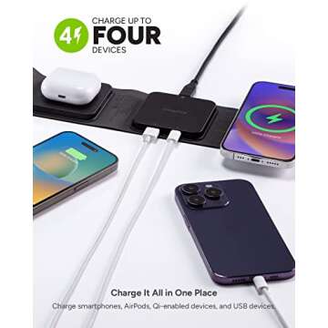mophie Wireless 3 in 1 Travel Magnetic Wireless Charging Station, Multiple Devices, Compatible with Apple iPhones, Google, Samsung Devices, AirPods, BYO Watch Charger. (Watch Charger not Included)