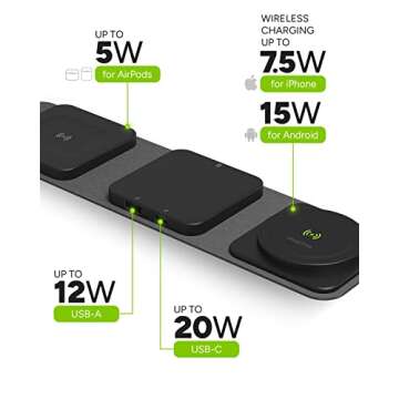 mophie Wireless 3 in 1 Travel Magnetic Wireless Charging Station, Multiple Devices, Compatible with Apple iPhones, Google, Samsung Devices, AirPods, BYO Watch Charger. (Watch Charger not Included)