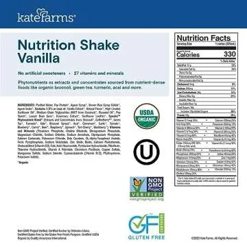 KATE FARMS Organic Nutrition Shake, Vanilla, 16g protein, 27 Vitamins and Minerals, Protein Meal Replacement Drink, Plant Based, 11 oz (6 Pack)