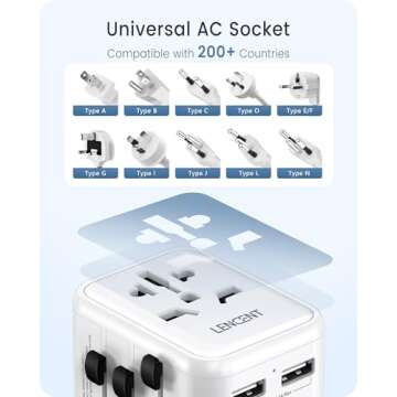 LENCENT Universal Travel Adaptor Plug with 2 USB Ports, International Power Adapter with UK/USA/EU/AUS Plug, Mini & Compact, All-in-One Worldwide Travel Charger for Over 200 Countries, White