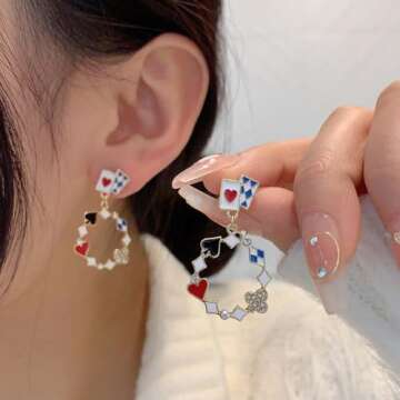 Queen of Hearts Earrings Red Heart Poker Earrings Asymmetric Clock Poker Dangle Earrings Poker Dangl...