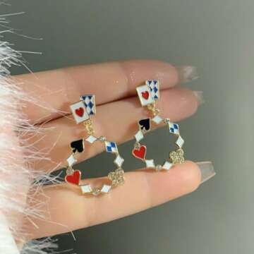 Queen of Hearts Earrings Red Heart Poker Earrings Asymmetric Clock Poker Dangle Earrings Poker Dangle Earrings Queen of Hearts Costume Accessories Jewelry for Women (Circle)