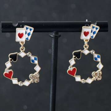 Queen of Hearts Earrings Red Heart Poker Earrings Asymmetric Clock Poker Dangle Earrings Poker Dangle Earrings Queen of Hearts Costume Accessories Jewelry for Women (Circle)