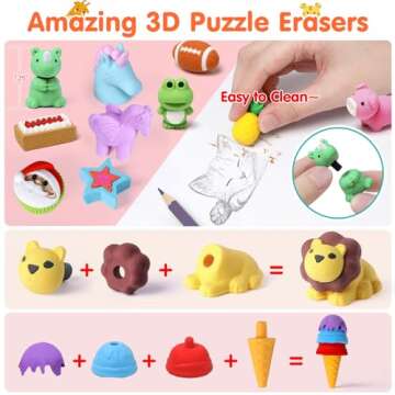 Moosia 120 Pack Animal Pencil Erasers for Kids Bulk Desk Pet Toy 3D Mini Puzzle Erasers Take Apart Erasers Treasure Box Toys Game Prize Party Favors Gift Classroom Prize Reward Back to School Supplies
