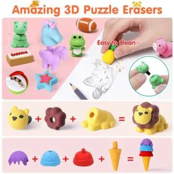 Moosia 120 Pack Animal Pencil Erasers for Kids Bulk Desk Pet Toy 3D Mini Puzzle Erasers Take Apart Erasers Treasure Box Toys Game Prize Party Favors Gift Classroom Prize Reward Back to School Supplies
