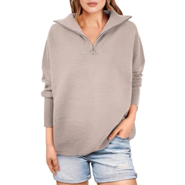 ANRABESS Women Quarter Zip Oversized Casual Loose Rib Knit Cozy Pullover Sweaters Top 2024 Fall Fash...
