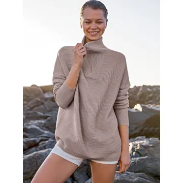 ANRABESS Women Quarter Zip Oversized Casual Loose Rib Knit Cozy Pullover Sweaters Top 2024 Fall Fashion Outfits Clothes Red Apricot Small