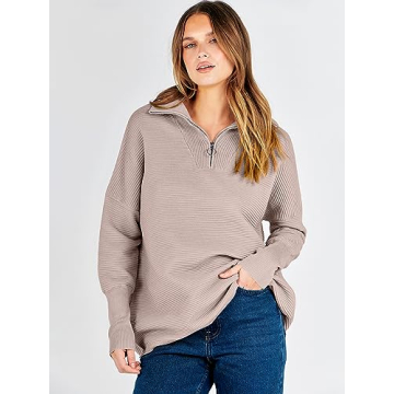 ANRABESS Women Quarter Zip Oversized Casual Loose Rib Knit Cozy Pullover Sweaters Top 2024 Fall Fashion Outfits Clothes Red Apricot Small