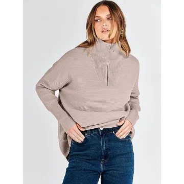 ANRABESS Women Quarter Zip Oversized Casual Loose Rib Knit Cozy Pullover Sweaters Top 2024 Fall Fashion Outfits Clothes Red Apricot Small