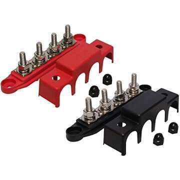 (Red & Black) 5/16" 4 Stud Bus BAR Power Distribution Block - Made in The USA - for Marine Battery T...