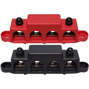 (Red & Black) 5/16" 4 Stud Bus BAR Power Distribution Block - Made in The USA - for Marine Battery Terminals, 12v Power and Ground Distribution Blocks - Terminal Block for Battery Terminals - BusBar