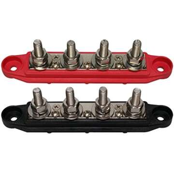 (Red & Black) 5/16" 4 Stud Bus BAR Power Distribution Block - Made in The USA - for Marine Battery Terminals, 12v Power and Ground Distribution Blocks - Terminal Block for Battery Terminals - BusBar