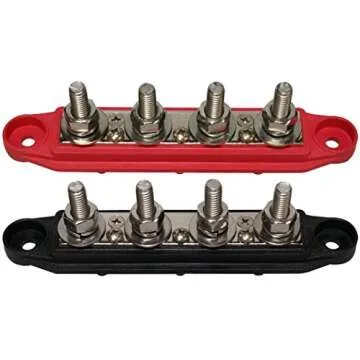 (Red & Black) 5/16" 4 Stud Bus BAR Power Distribution Block - Made in The USA - for Marine Battery Terminals, 12v Power and Ground Distribution Blocks - Terminal Block for Battery Terminals - BusBar