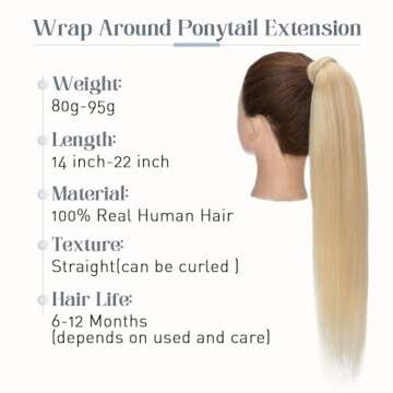 Rich Choices Ponytail Extension Human Hair Real Hair Ponytail Ash Blonde Highlighted Bleach Blonde 1...