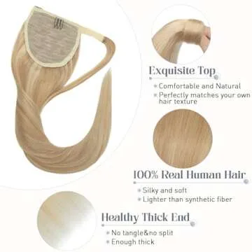 Rich Choices Ponytail Extension Human Hair Real Hair Ponytail Ash Blonde Highlighted Bleach Blonde 16 Inch 80g One Piece Clip In Wrap Around Long Ponytail Extension Straight For Women #18P613