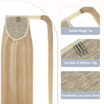 Rich Choices Ponytail Extension Human Hair Real Hair Ponytail Ash Blonde Highlighted Bleach Blonde 16 Inch 80g One Piece Clip In Wrap Around Long Ponytail Extension Straight For Women #18P613