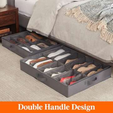 Lifewit Under Bed Shoe Storage Organizer Set of 2, 4.3 Inches Tall Low Profile Fabric Shoes Container Box with Clear Cover, Foldable Storage Bag with 2 Handles, Total Fits 24 Pairs of Shoes, Grey