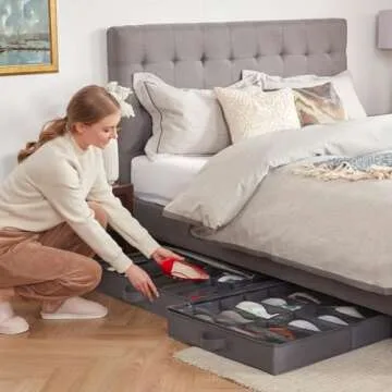 Lifewit Under Bed Shoe Storage Organizer Set of 2, 4.3 Inches Tall Low Profile Fabric Shoes Container Box with Clear Cover, Foldable Storage Bag with 2 Handles, Total Fits 24 Pairs of Shoes, Grey