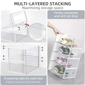 Elechomes Shoe Boxes Clear Plastic Stackable, 18 Pack Premium Shoe Organizer Storage for Closet Space Saving Foldable Shoe Rack Containers, Sneaker Display Case Holder Shoe Bin for Entryway Drawers