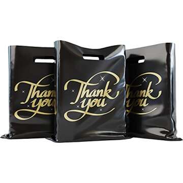 Thank You Bags, Retail Shopping Bags with Handle, Merchandise Bags, Gift Bags Bulk, Goodie Bags, Boutique Bags, Supplies Bags Size 12x15, Extra Thick 2.36 mil, 100 Pack, Mr.Lordbag (Black-Gold)