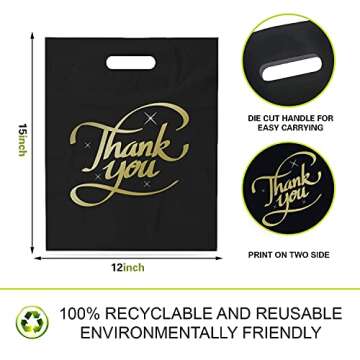 Thank You Bags, Retail Shopping Bags with Handle, Merchandise Bags, Gift Bags Bulk, Goodie Bags, Boutique Bags, Supplies Bags Size 12x15, Extra Thick 2.36 mil, 100 Pack, Mr.Lordbag (Black-Gold)
