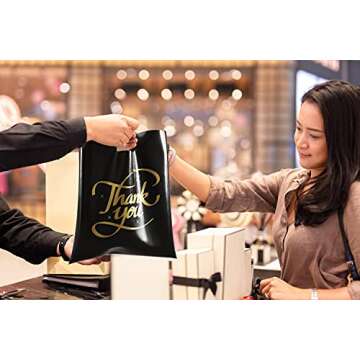 Thank You Bags, Retail Shopping Bags with Handle, Merchandise Bags, Gift Bags Bulk, Goodie Bags, Boutique Bags, Supplies Bags Size 12x15, Extra Thick 2.36 mil, 100 Pack, Mr.Lordbag (Black-Gold)