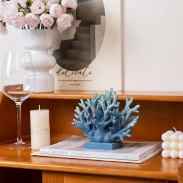 Elegondrar 5.8" H Blue Coral Decor, Coral Reef Decor, Resin Coral Statue, Nautical Decorations for Home, Beach/Coastal/Ocean Themed Cabinet Shelf Tabletop Decor