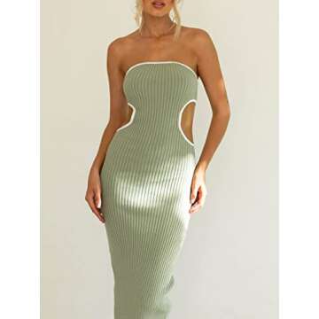 Women Summer Knit Sleeveless Bodycon Tube Dress Strapless Side Cut Out Contrast Color Tube Evening P...