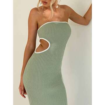 Women Summer Knit Sleeveless Bodycon Tube Dress Strapless Side Cut Out Contrast Color Tube Evening Party Maxi Sexy Dress (A-Green, M)