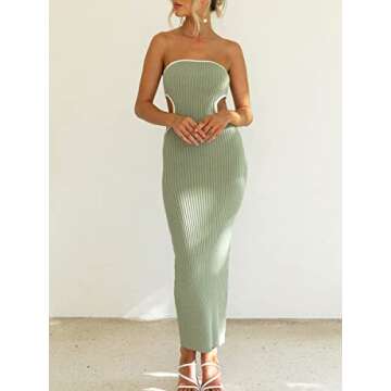 Women Summer Knit Sleeveless Bodycon Tube Dress Strapless Side Cut Out Contrast Color Tube Evening Party Maxi Sexy Dress (A-Green, M)