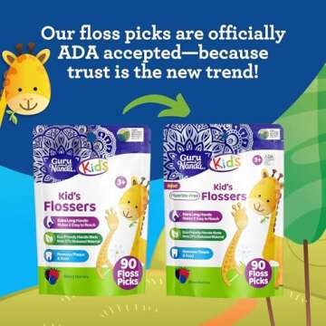 GuruNanda Dental Floss Picks for Kids - Extra-Long Giraffe-Shaped Flossers, Eco-Friendly & Berry Fla...