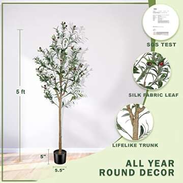 LYERSE 5ft Artificial Olive Tree Tall Fake Potted Olive Silk Tree with Planter Large Faux Olive Bran...
