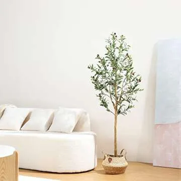 LYERSE 5ft Artificial Olive Tree Tall Fake Potted Olive Silk Tree with Planter Large Faux Olive Branches and Fruits Artificial Tree for Office House Living Room Home Decor