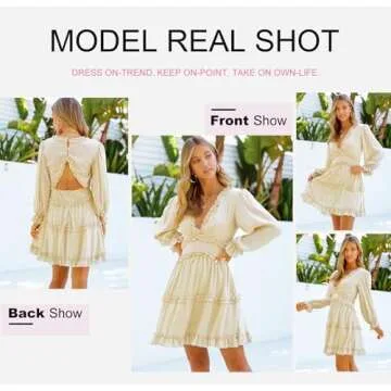Dokotoo Womens Cute Summer Spring Casual V Neck Chiffon Lantern Long Sleeve Elegant Boho Hawaiian Flowy Mini Short Tunic Skirt Dresses for Women Party 2025 Beige Small
