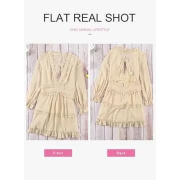 Dokotoo Womens Cute Summer Spring Casual V Neck Chiffon Lantern Long Sleeve Elegant Boho Hawaiian Flowy Mini Short Tunic Skirt Dresses for Women Party 2025 Beige Small