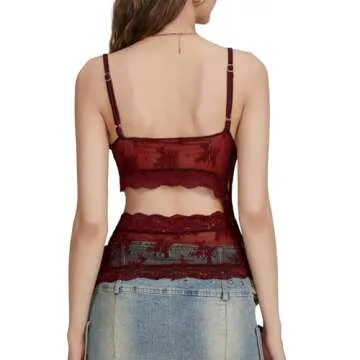 Women Y2k Cami Shirt Sexy Spaghetti Strap Crop Top Backless Going Out Camisole Vest Tank Tops (US, Alpha, Small, Regular, Regular, Lace 01-Red)
