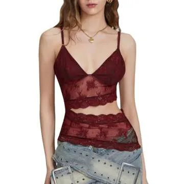 Women Y2k Cami Shirt Sexy Spaghetti Strap Crop Top Backless Going Out Camisole Vest Tank Tops (US, Alpha, Small, Regular, Regular, Lace 01-Red)