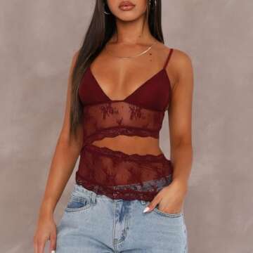 Women Y2k Cami Shirt Sexy Spaghetti Strap Crop Top Backless Going Out Camisole Vest Tank Tops (US, Alpha, Small, Regular, Regular, Lace 01-Red)