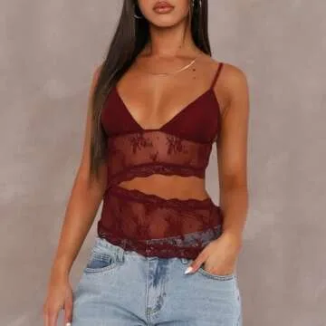 Women Y2k Cami Shirt Sexy Spaghetti Strap Crop Top Backless Going Out Camisole Vest Tank Tops (US, Alpha, Small, Regular, Regular, Lace 01-Red)