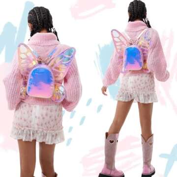 ENJOININ Women's Laser Holographic Backpack Butterfly Angel Wings Casual Daypack Shoulder Bag (Laser...