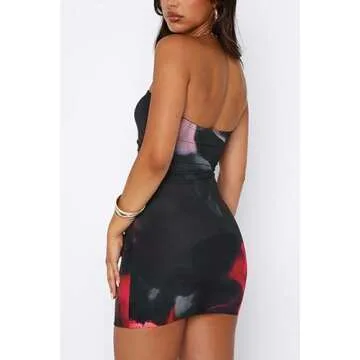 ABMOIU Women's 2024 Floral Tube Mini Dress Strapless Backless Party Club Short Ruched Bodycon Dresses Black Small