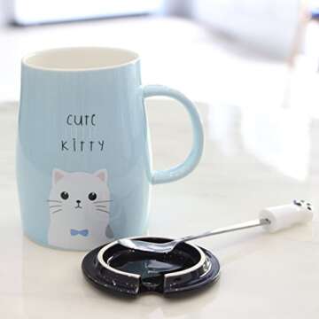 Angelice Home Cute Kitty Mug Cat Mug with Creative Stainless Steel Spoon, Novelty Coffee Mug for Kit...