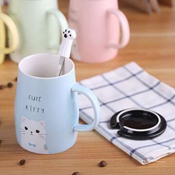 Angelice Home Cute Kitty Mug Cat Mug with Creative Stainless Steel Spoon, Novelty Coffee Mug for Kitty Lovers