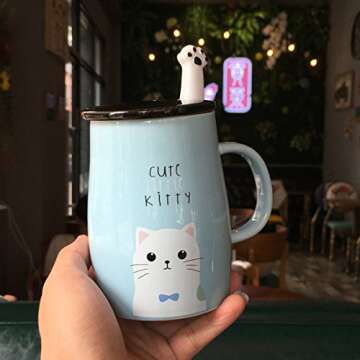 Angelice Home Cute Kitty Mug Cat Mug with Creative Stainless Steel Spoon, Novelty Coffee Mug for Kitty Lovers