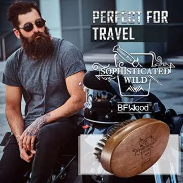 BFWood Boar Bristle Beard Brush - Black Wood Walnut Military Style, Men's Wooden Mustache Brush